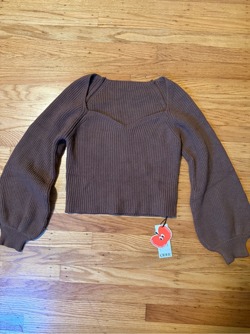 Cider Chocolate Brown Ribbed Sweetheart Yoke Sweater